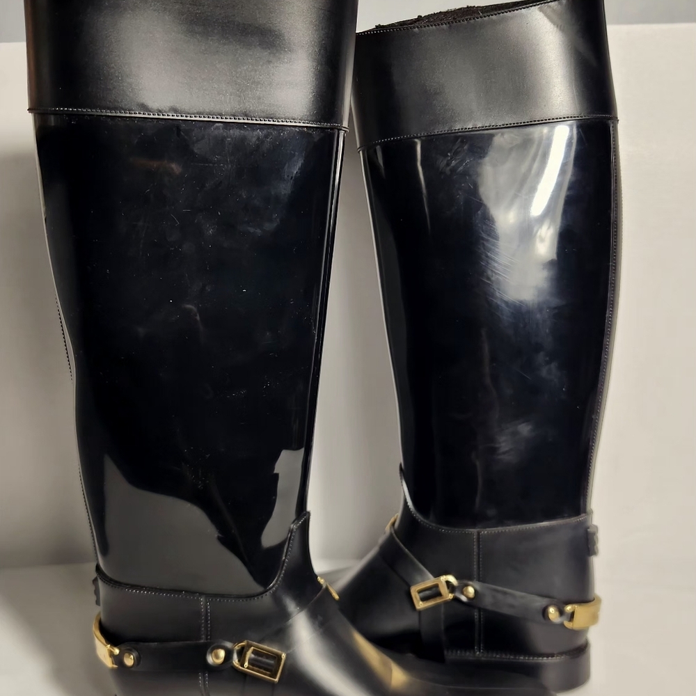 Jimmy Choo CHESHIRE Riding Black Gold Knee High Rain Boots Rubber Women Size 39 - Picture 10 of 14